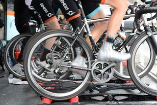 Madison genesis team riders warming up on rollers before the tour series in Aberystwyth