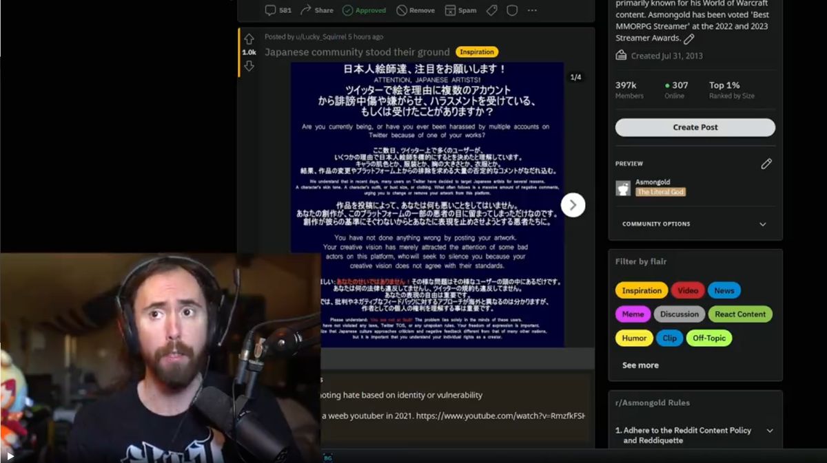 Still from Asmongold&#039;s stream about Palestinians