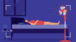 Illustration of a woman lying on a bed with a fan blowing air around her, representing how to sleep in the heat