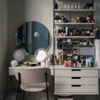 A vanity with beauty products