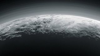 a hazy ring of gas surrounds a white rocky planet