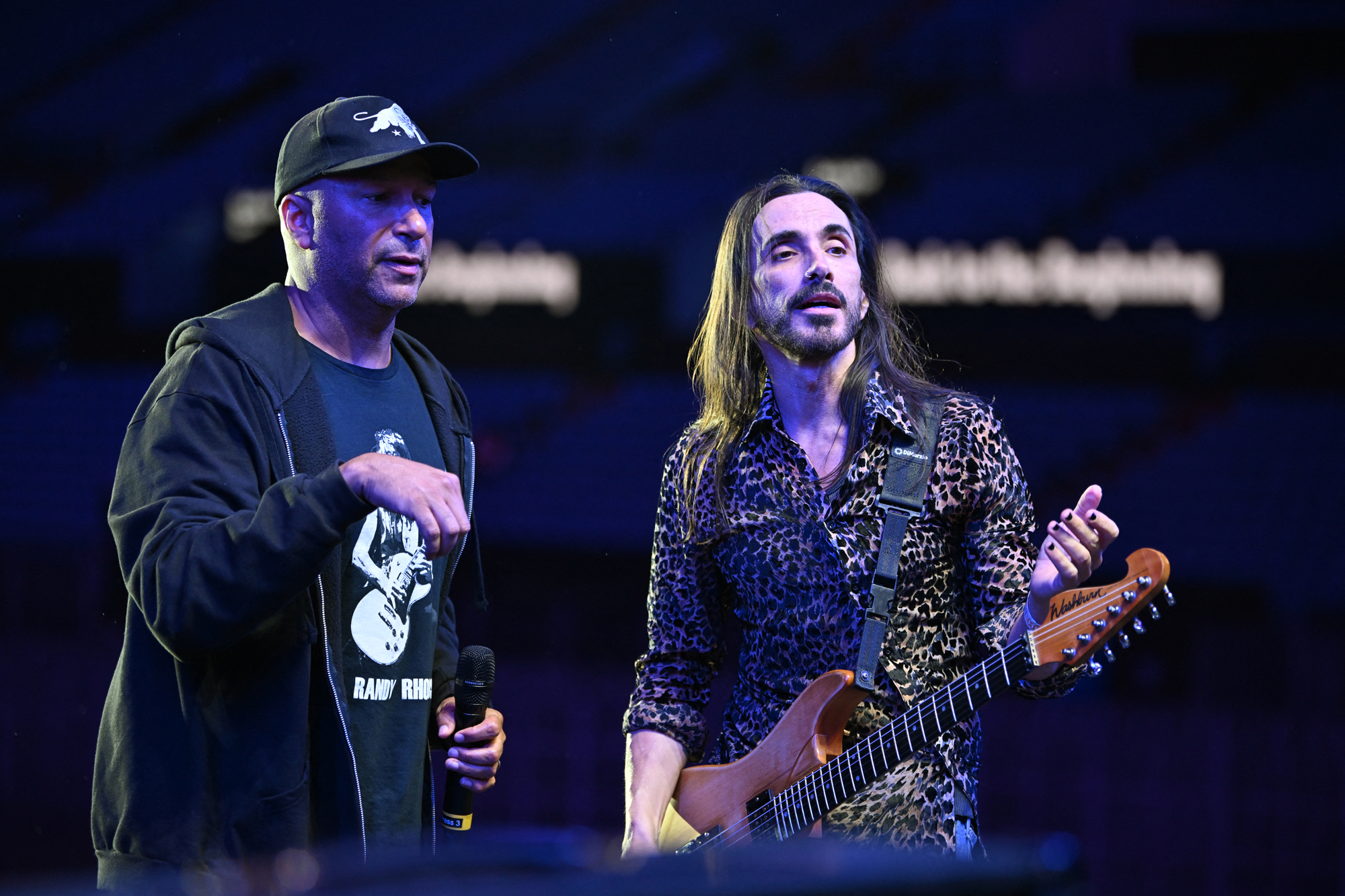 Musical director Tom Morello and Nuno Bettencourt in rehearsals for Back to the Beginning
