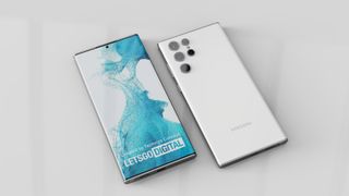 An unofficial render of the Samsung Galaxy S22 Ultra in white, featuring a leaked custom wallpaper