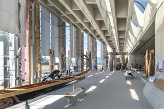 Museum of Anthropology at UBC, Vancouver, Canada showing modernist japanese inspired forms on misty day with artefacts inside