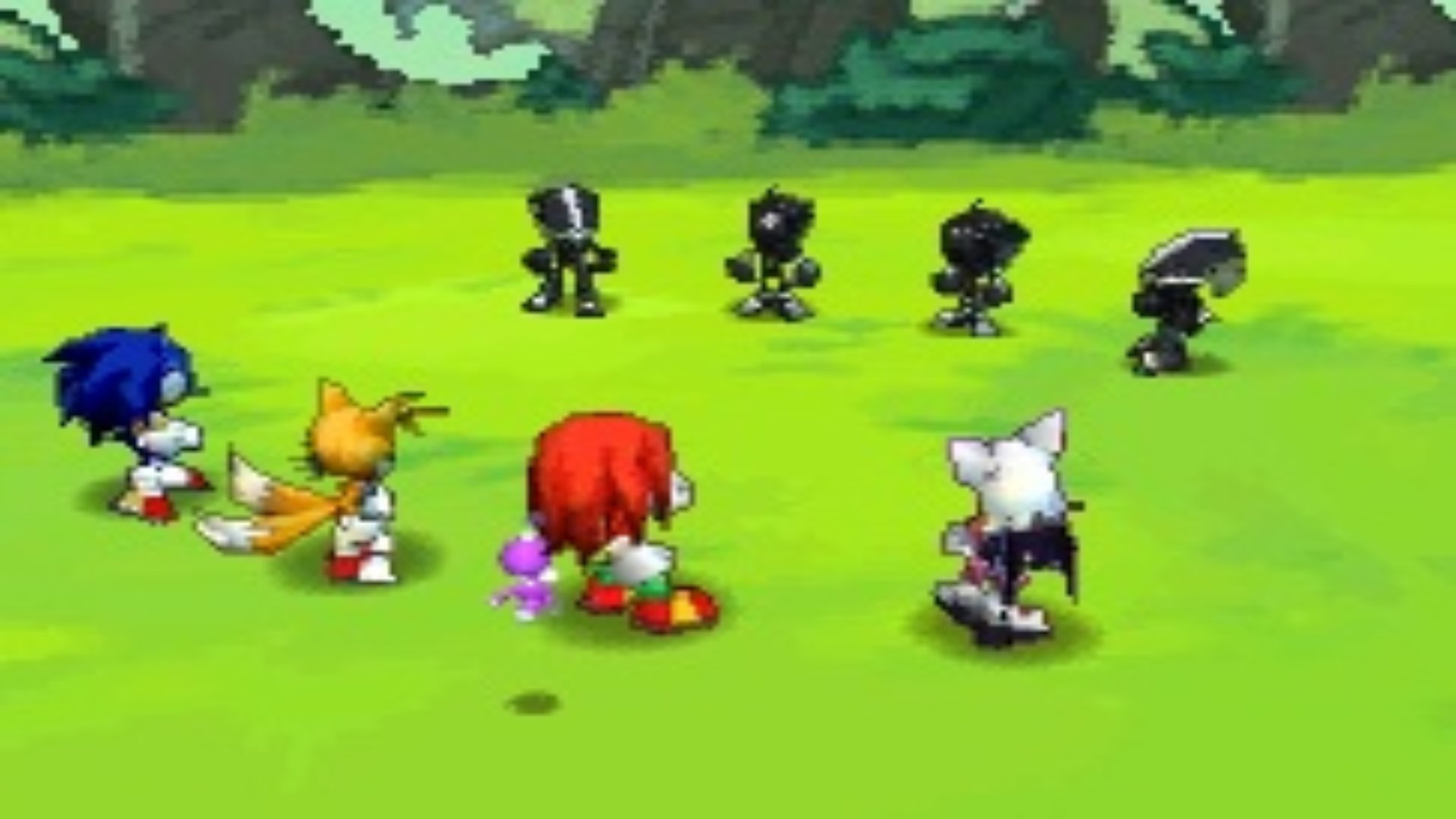 Sonic Chronicles: The Dark Brotherhood screenshot showing Sonic, Tails, Knuckles, and Rouge the bat facing four foes
