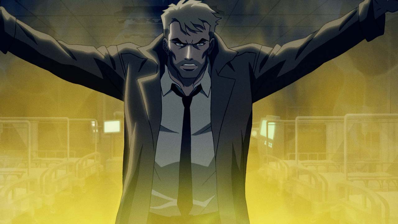 John Constantine in animated Justice League Dark movie surrounded by yellow smoke