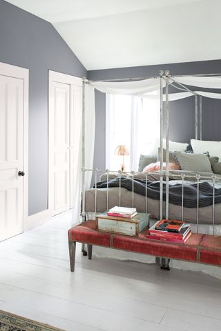 Grey walls in a bedroom by Benjamin Moore