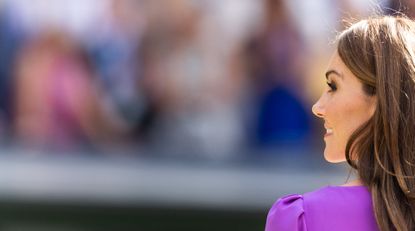 Catherine, Princess of Wales during the trophy ceremony for the Mens Singles Final at The Wimbledon Lawn Tennis Championship at the All England Lawn and Tennis Club at Wimbledon on July 14th, 2024 in London, England.