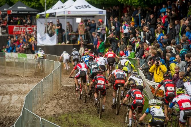 The start of the elite men's race in Solothurn, Switzerland