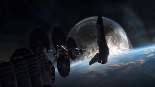 In the 2022 sci-fi movie "Moonfall," the Space Shuttle Endeavor docks at the International Space Station while the moon hurtles toward Earth.
