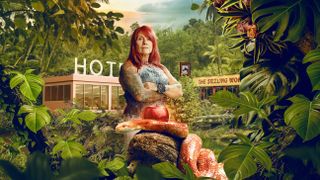 An image of Trish superimposed on a jungle background with temptations in the form of a hotel and Chinese take away. There is also a bright red apple in the foreground with a dangerous looking orange snake coiled around it. 