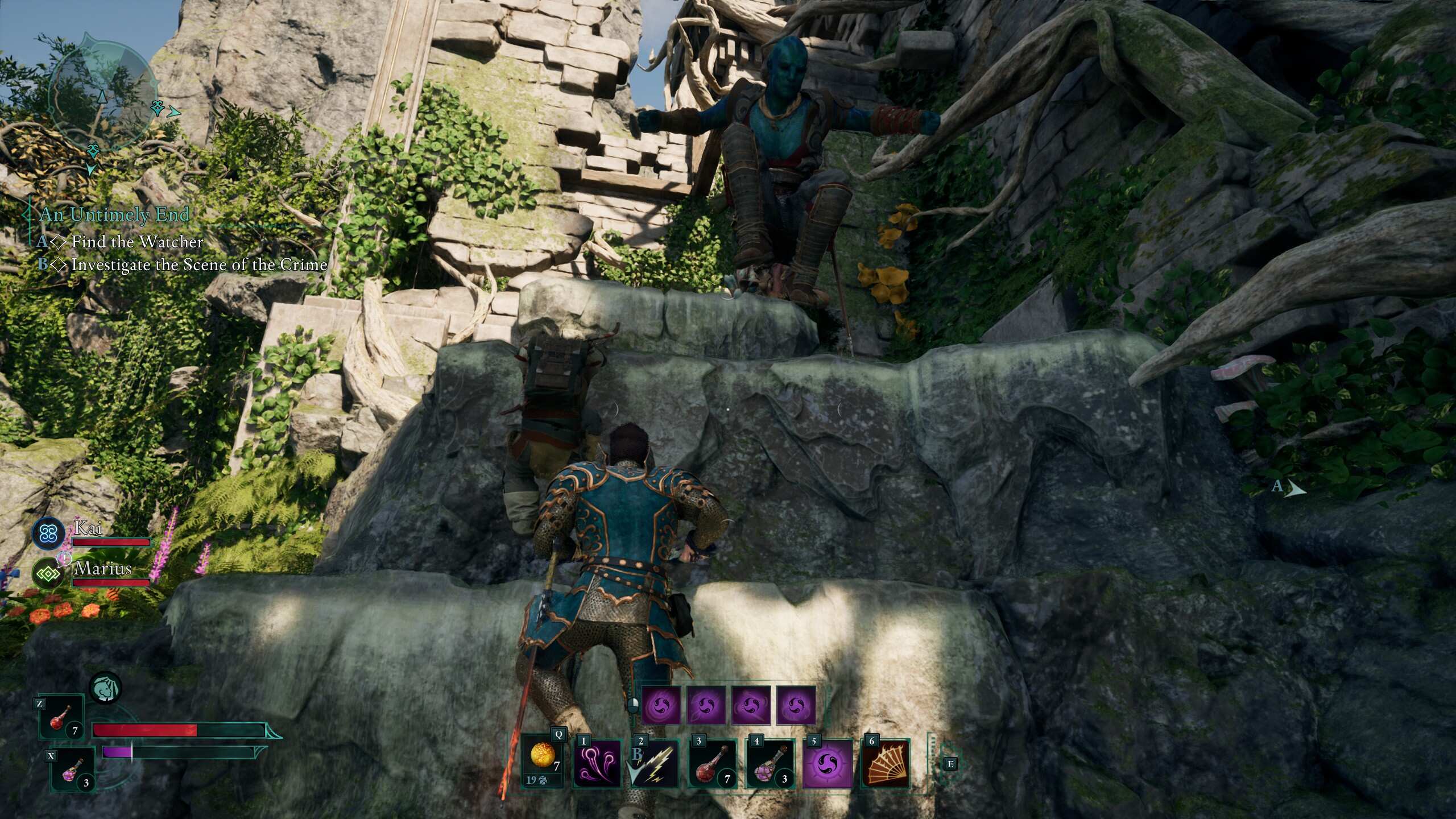 Avowed screenshot of the character climbing a rock surface.