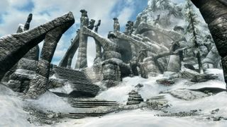 A wintery landscape in The Elder Scrolls V: Skyrim.