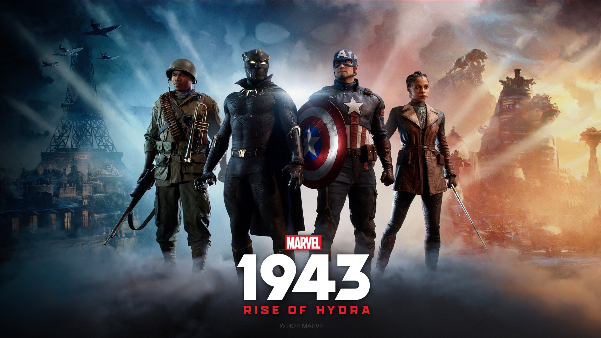 Marvel 1943: Rise of Hydra promo art showing the four main heroes from left to right: soldier Gabriel Jones, Black Panther, Captain America, and Wakandan spy, Nanali.