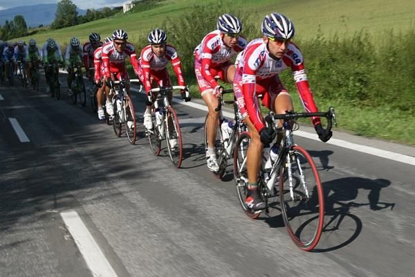 The Itera - Katusha team sets the pace in the peloton.