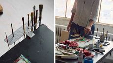 Paintbrush holder in perforated aluminium, perching on artist's desk