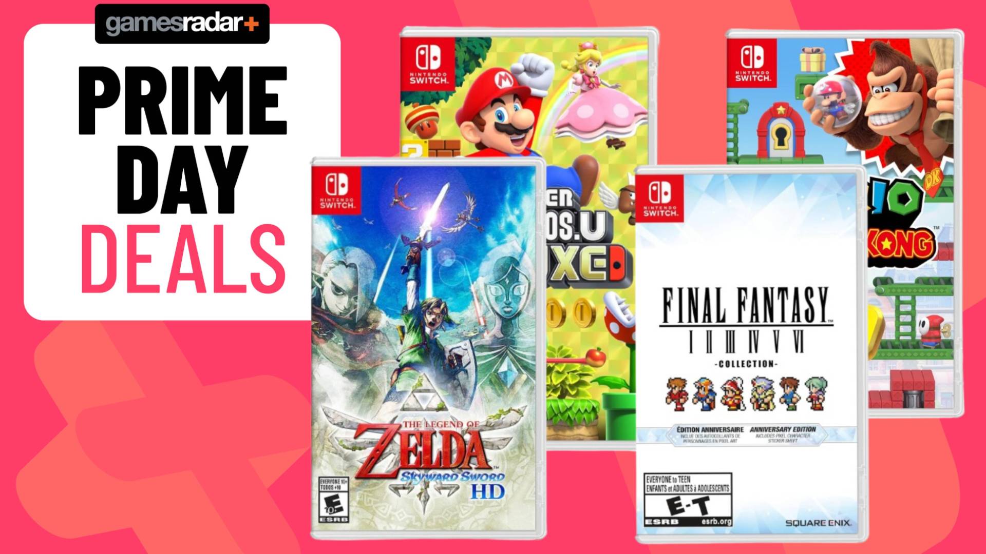 A series of Nintendo Switch game boxes on a pink GamesRadar+ background.