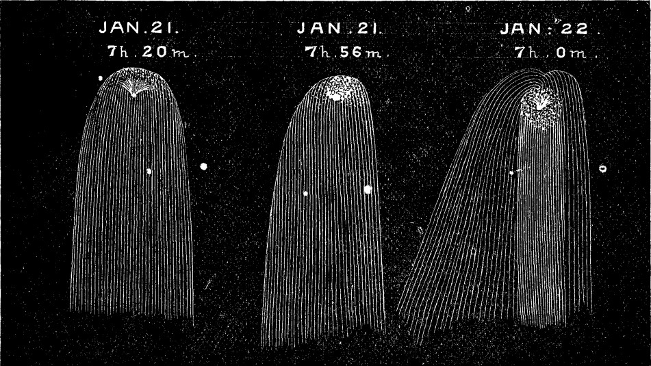 antique sketches of a comet, appearing like an orb with strands hanging from it