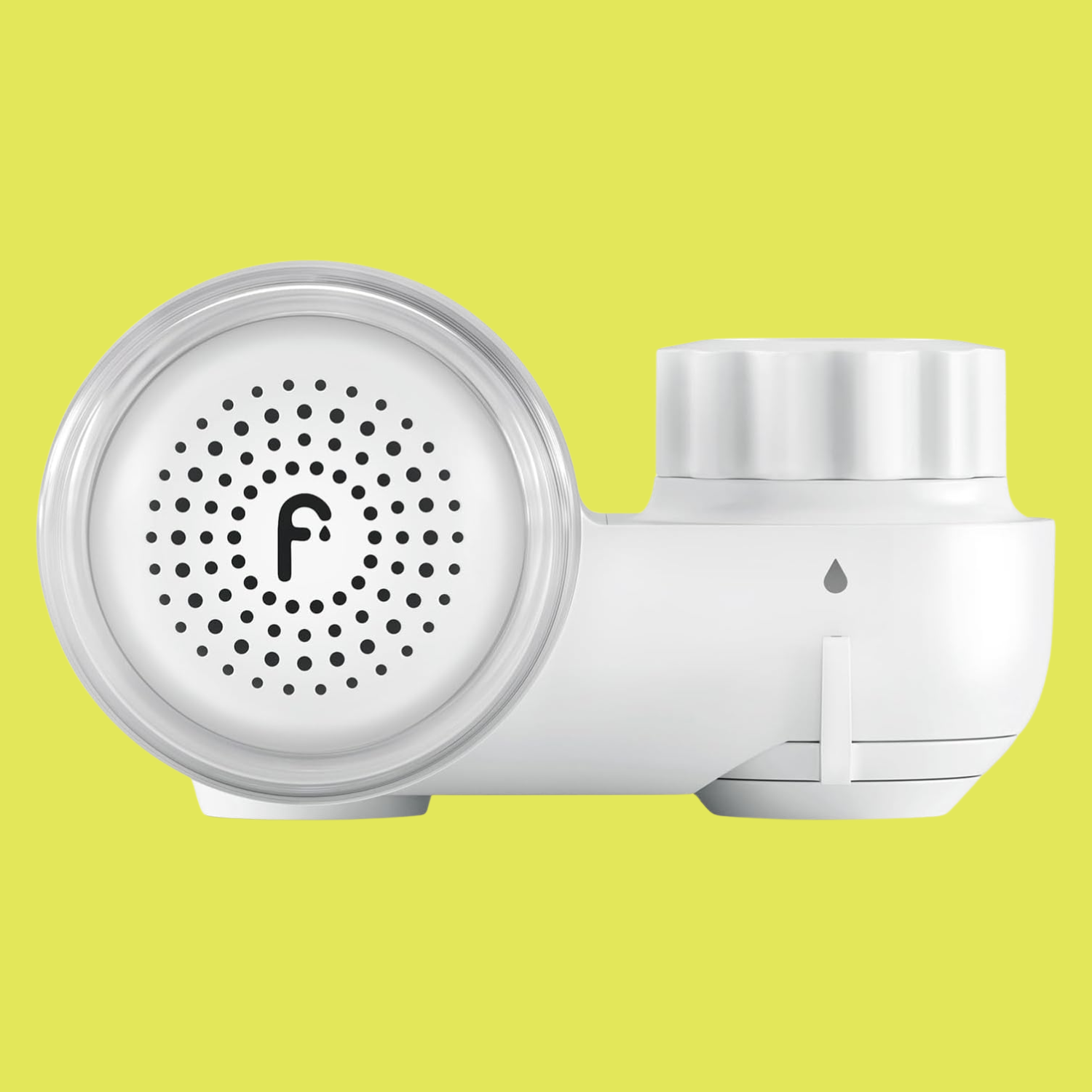 A chrome skincare filter for a faucet against a neon yellow square