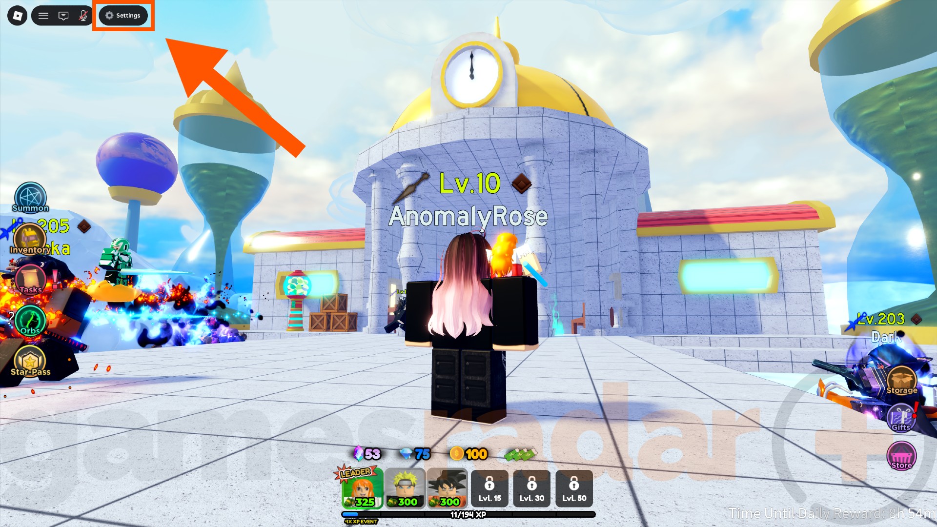 An orange arrow points to the settings menu button where you can redeem ASTD codes.
