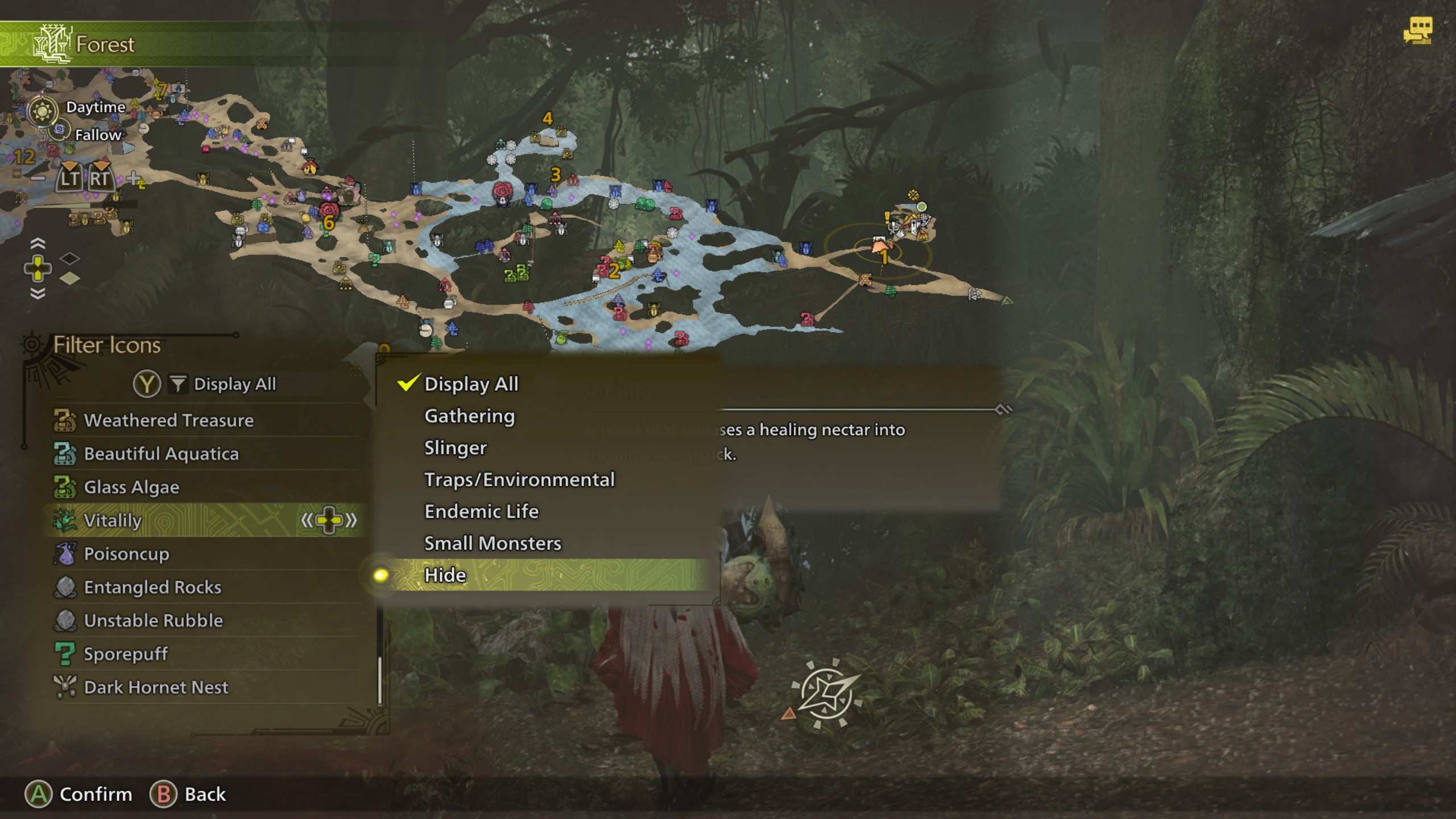 Monster Hunter Wilds map menu with a filter icons submenu open and a selection menu below that.