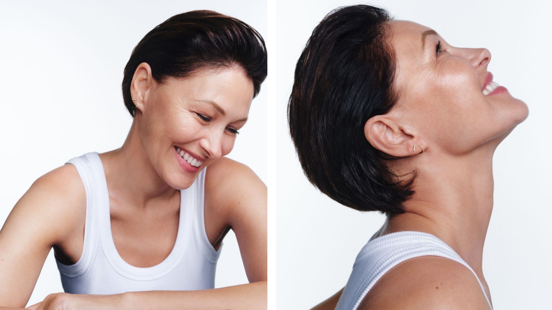 Emma Willis pictured in a white ves ttop with glowing, clean skin and a bottle of m&amp;amp;s formula peptide serum with some product coming out