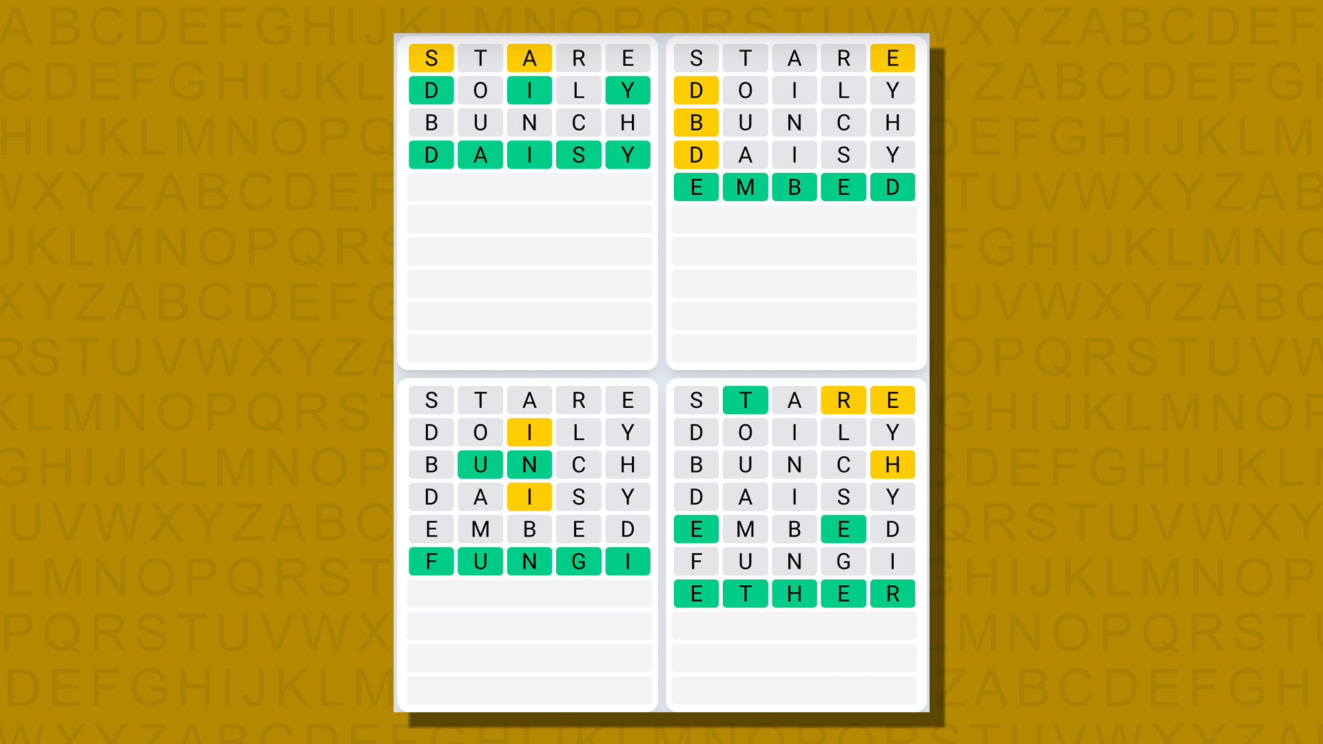 Ежедневная последовательность ответов Quordle для игры 792 на желтом фоне