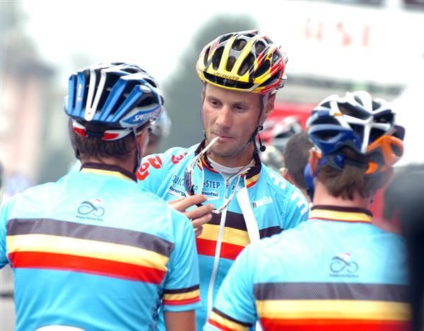 Former World Champion Tom Boonen chats with his teammates before a training ride.