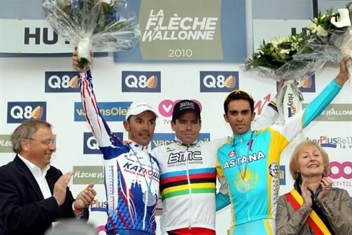 The podium: Joaquin Rodriguez Oliver (Team Katusha), Cadel Evans (BMC), Alberto Contador (Astana)