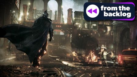 A screenshot from Batman: Arkham Knight showing Batman approaching a group of baddies with TechRadar Gaming's 'From the Backlog' badge in the top right hand corner