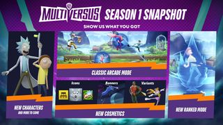 Multiversus Season 1 diagram emphasizing New Characters, Classic Arcade Mode, New Cosmetics, and a new Ranked Mode