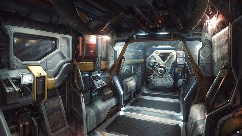 A Starfield spaceship corridor