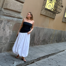 lauren cunningham wears white midi bubble hem skirt