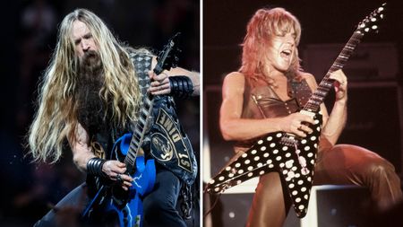 Zakk Wylde [left] plays a lightning blue electric guitar live on the Pantera tribute tour. Randy Rhoads [right] plays his iconic polka-dot V.