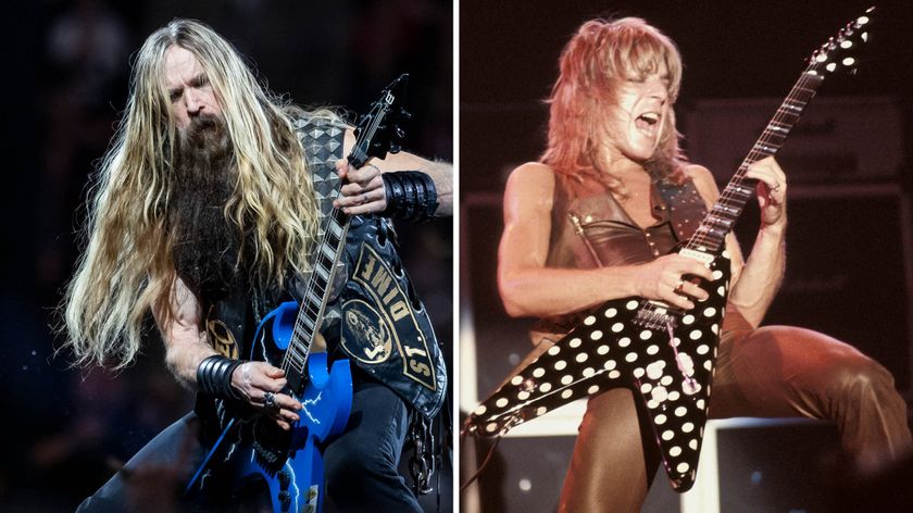 Zakk Wylde [left] plays a lightning blue electric guitar live on the Pantera tribute tour. Randy Rhoads [right] plays his iconic polka-dot V.