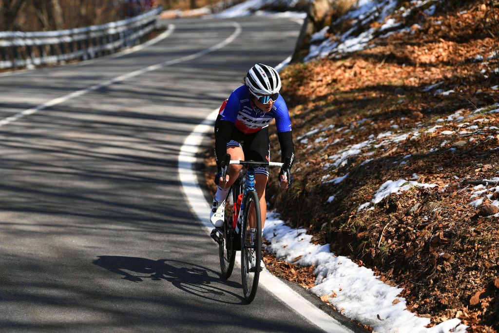 CITTIGLIO ITALY MARCH 21 Audrey CordonRagot of France and Team Trek Segafredo during the 45th Trofeo Alfredo BindaComune di Cittiglio 2021 Womens Elite a 1418km stage from Cocquio Trevisago to Cittiglio 257m Snow Breakaway TrBinda UCIWWT on March 21 2021 in Cittiglio Italy Photo by Tim de WaeleGetty Images