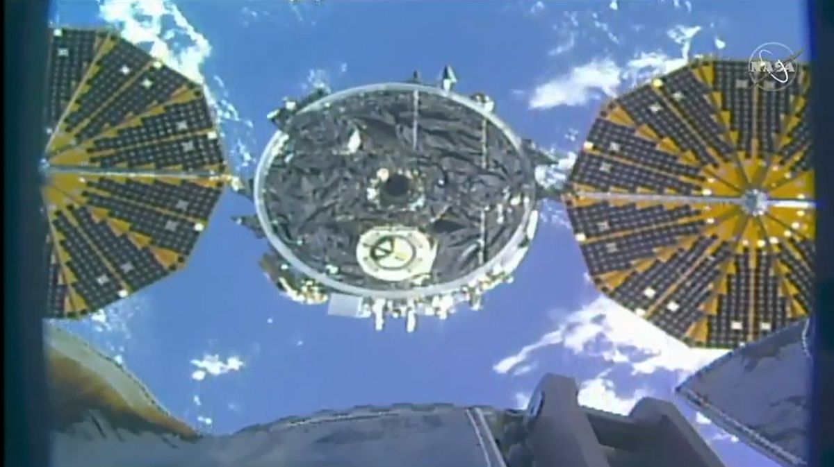 The Cygnus NG-13 cargo ship, an uncrewed freighter built by Northrop Grumman, departs the International Space Station on May 11, 2020.