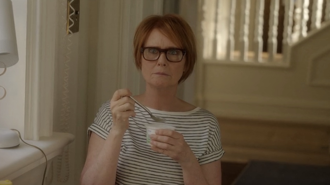 Miranda eating Carrie's yogurt.