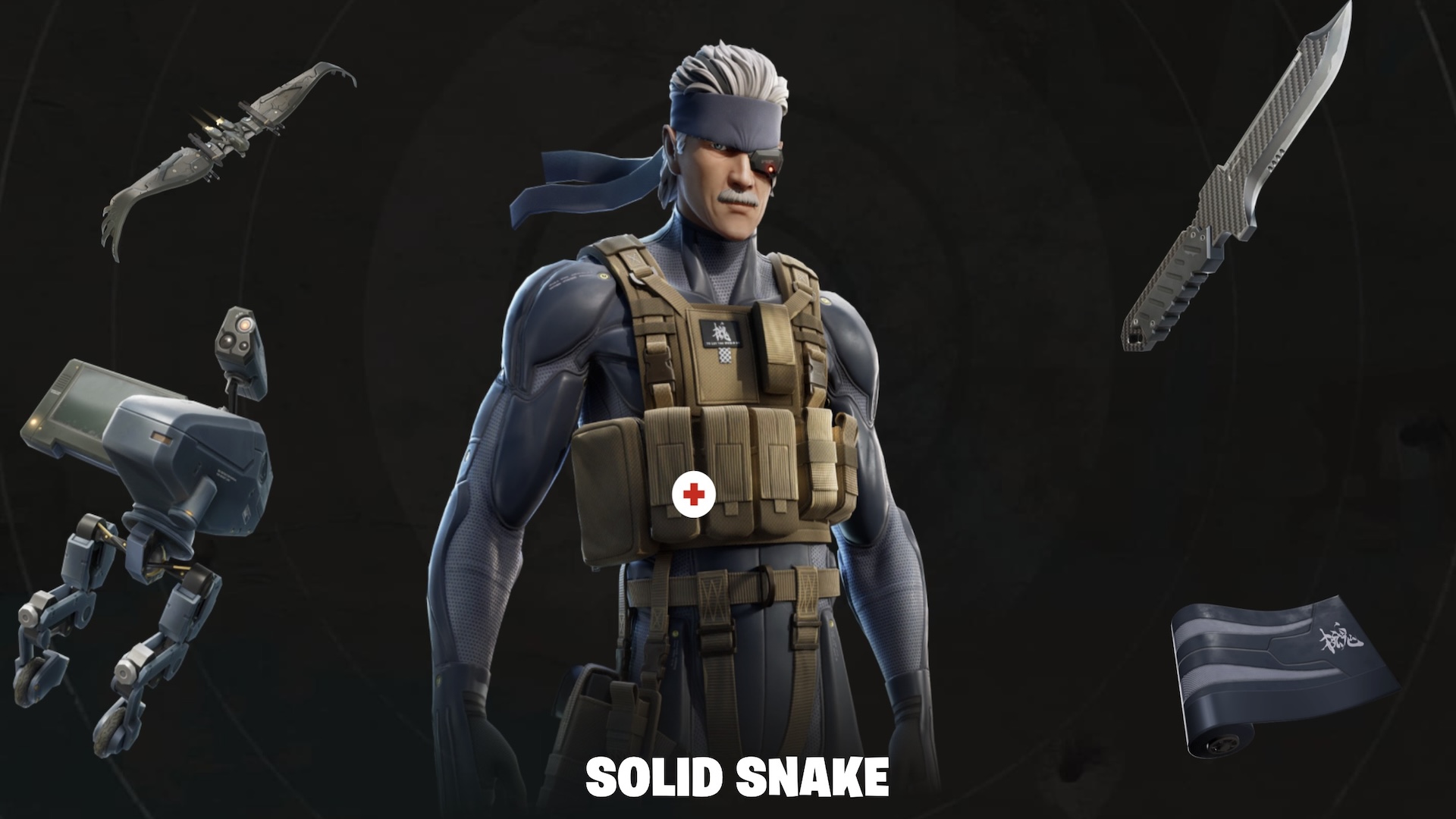 Крупный план скина Старой Змеи в Fortnite, окруженный соответствующими предметами на тему Metal Gear