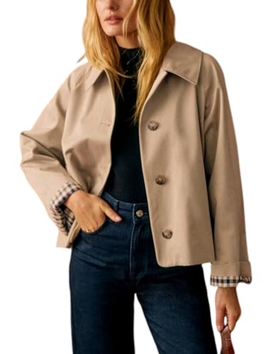 Yeokou Women Oversize Trench Coat Plaid Lining Lapel Button Down Casual Crop Jacket Outwear With Pockets(khaki-L)