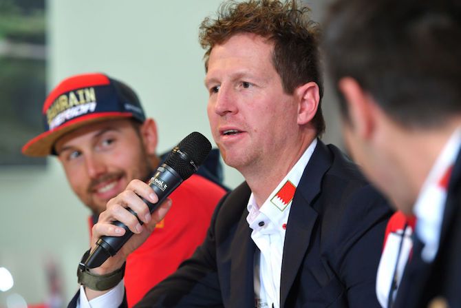 Rik Verbrugghe at the Bahrain-Merida press conference ahead of the 2018 Tour of Flanders