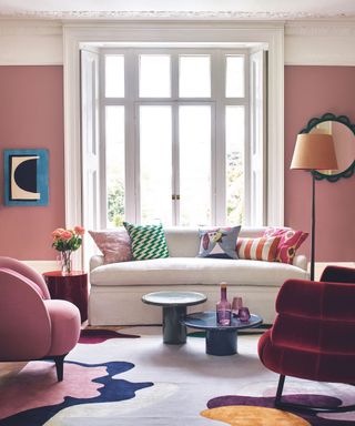 A pink and red living room