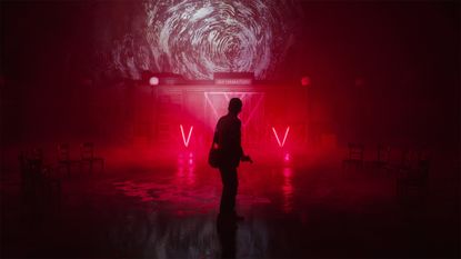 Alan Wake 2 screenshot – silhouetted figure on a red lit backdrop