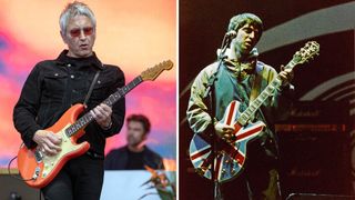 Gem Archer and Noel Gallagher: Archer plays a Strat while this archive pick of Gallagher finds him playing a Union Jack Epiphone