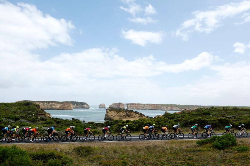 WARRNAMBOOL, AUSTRALIA - FEBRUARY 04: The peloton rides during the 2023 Melbourne to Warrnambool Cycling Festival on February 4, 2023 in Warrnambool, Australia. (Photo by Con Chronis/Getty Images)