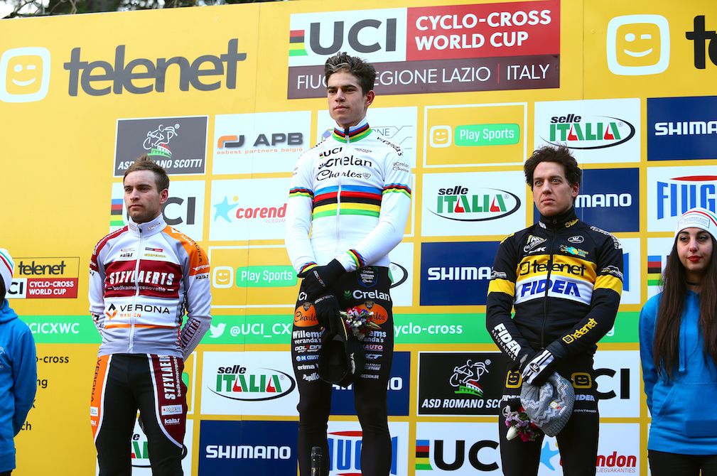 The Fiuggi Regione Lazio podium: Wout Van Aert, Marcel Meisen and Tom Meeusen