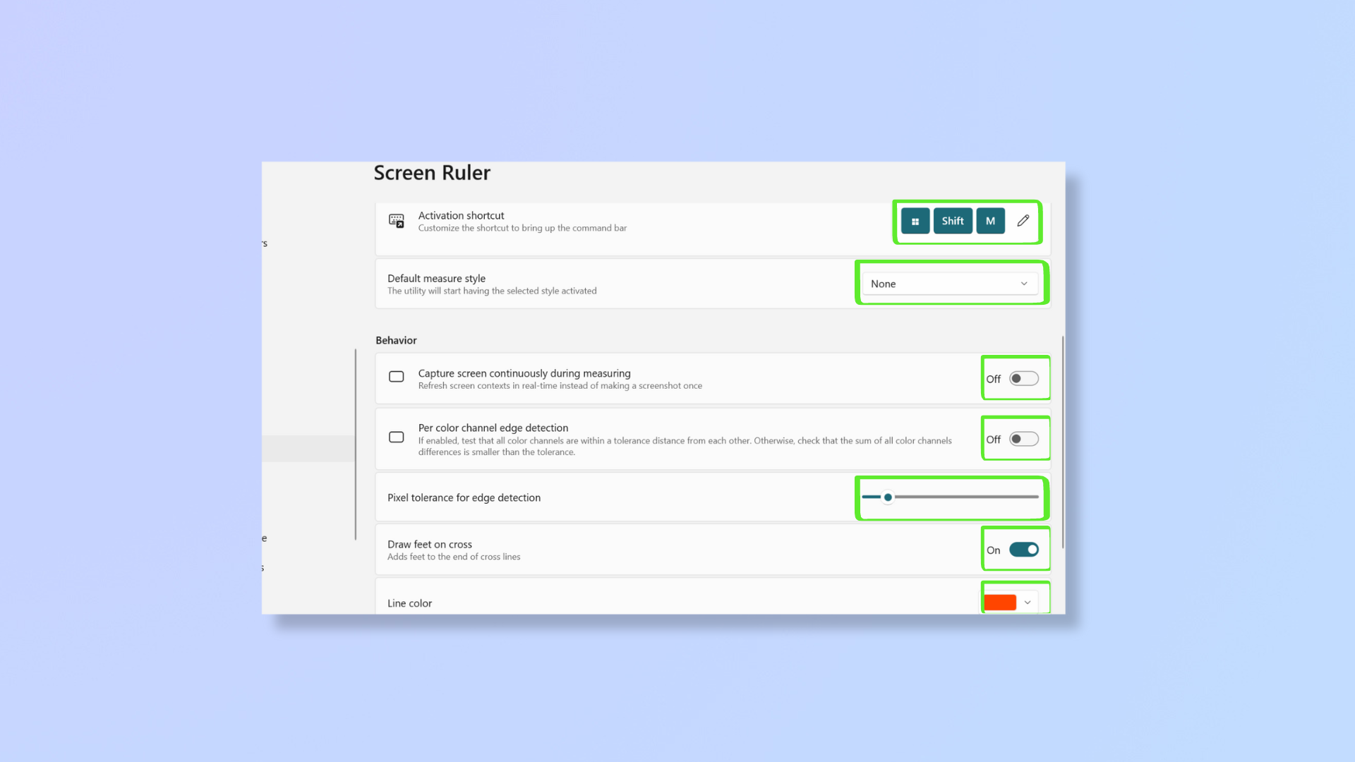 لقطة شاشة لتطبيق PowerToys، توضح كيفية تخصيص أداة Screen Ruler. 