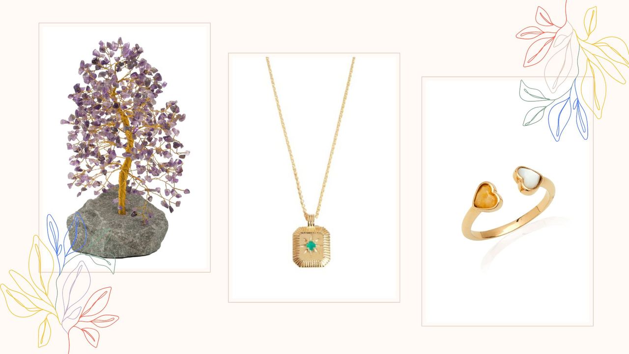 A composite image of three of the best birthstone gifts in 2023, on a cream background with floral graphics.