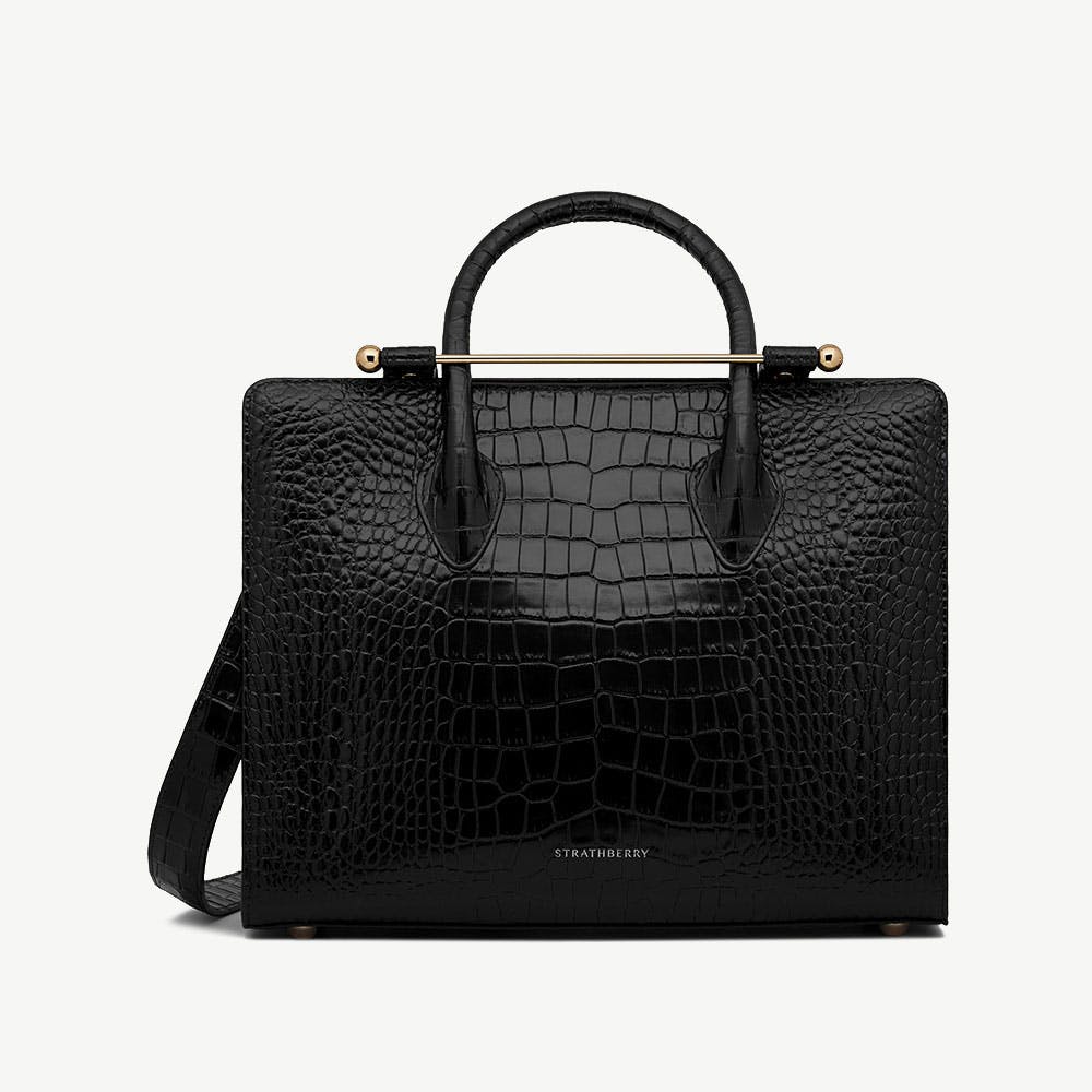 Midi Tote - Croc-Embossed Leather Black