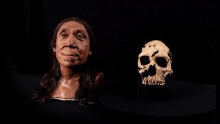 At left, we see the reconstruction of a Neanderthal woman with a wide face and nose, big brows and dark long hair. At right, we see her reconstructed skull, which had been crushed and is now pieced together.